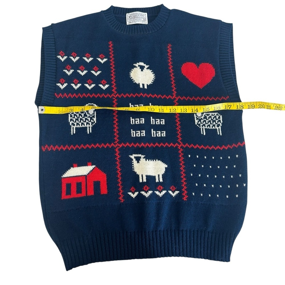 VTG 80s Pendleton Baa Baa baa Sheep Tic Tac Toe Wool Sweater Vest Navy Small - Picture 6 of 11